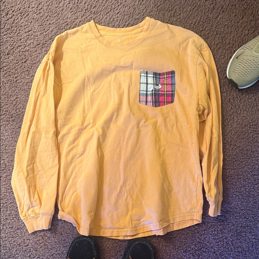 Men's Yellow Long Sleeve Shirt with Plaid Pocket